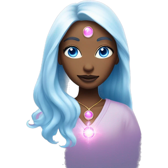 magical diva with thin pink andromedan skin long hair and blue eyes glowing third eye emoji