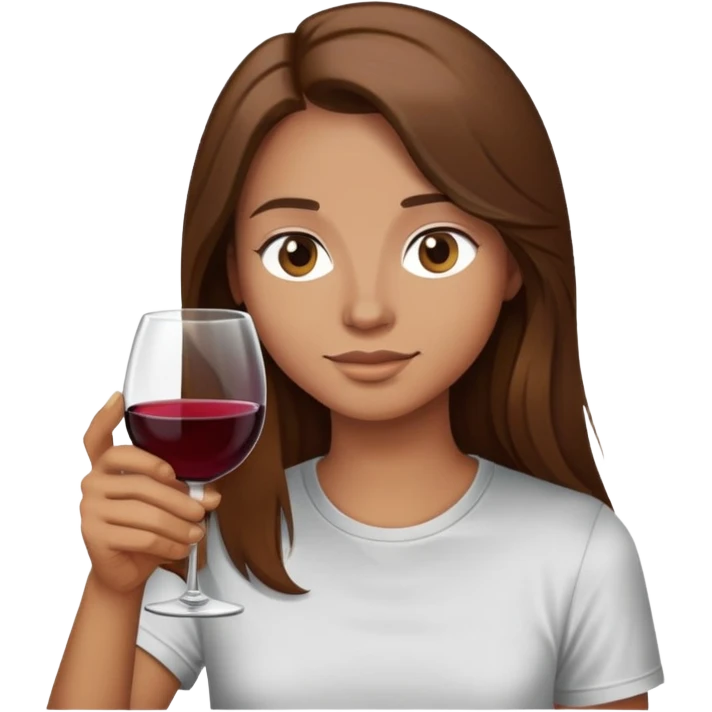 Long brown hair emoji drinking a glass of wine wearing a t shirt emoji