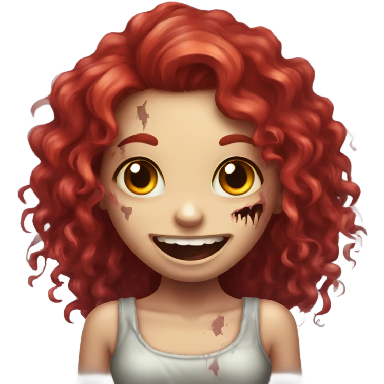 Happy zombie girl red long curly hair with both hands in the air, vestindo blusa comprida preta emoji