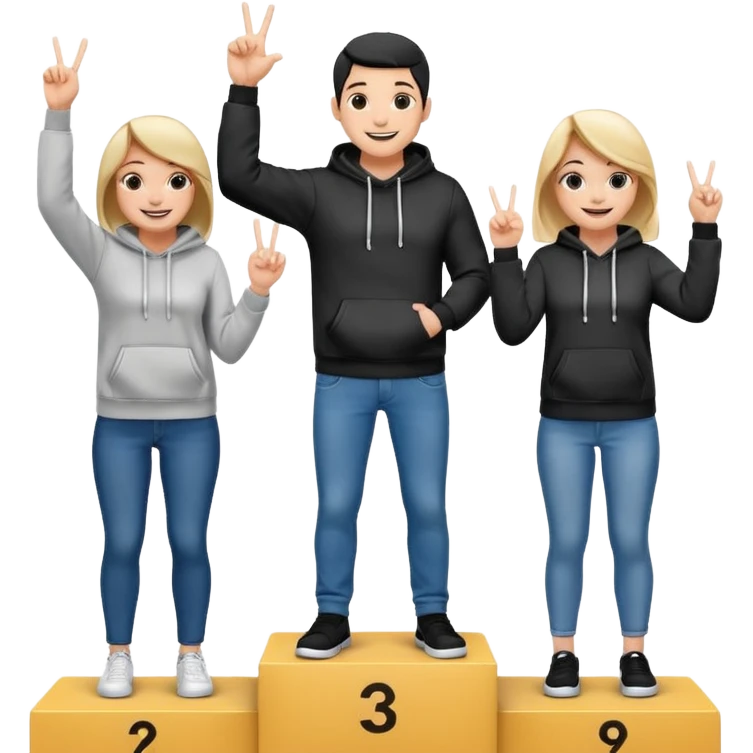 three people in jeans and hoodies on a winners podium, black and white, center step higher, no numbers, center person holding up one finger on each hand, cheerful expressive emoji style emoji