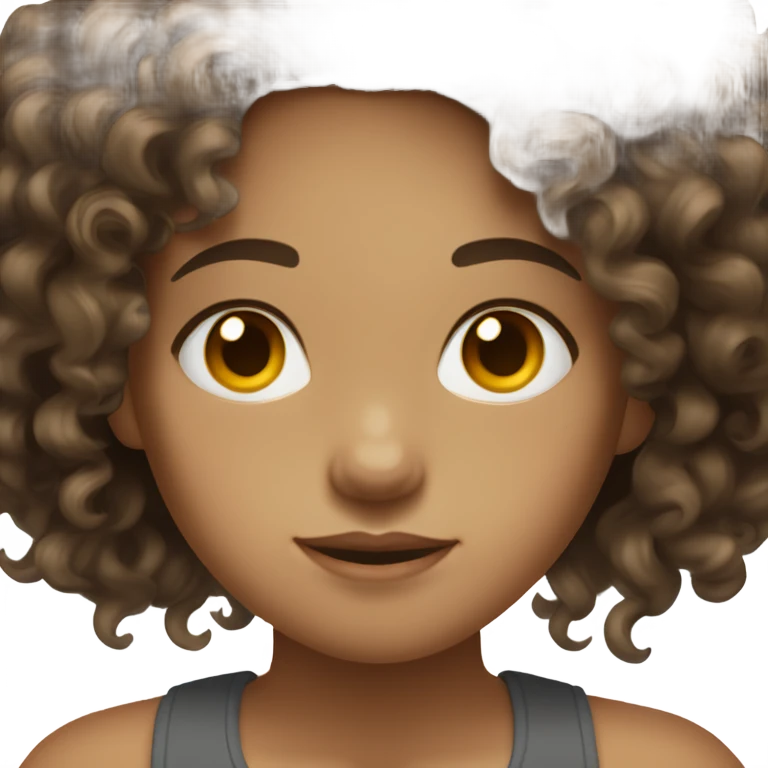 Girl wearing dark, gray tank top, long, dark brown , curly hair, hazel eyes light skin emoji