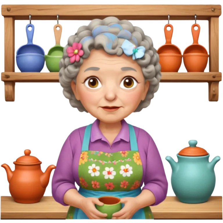 cartoon Apple iOS emoji style rural elderly woman, chubby face, short gray curly hair, flowery blouse, colorful apron, big expressive eyes, pastel colors, Chilean wooden kitchen background, clay pots, warm light, detailed and clean vector art emoji