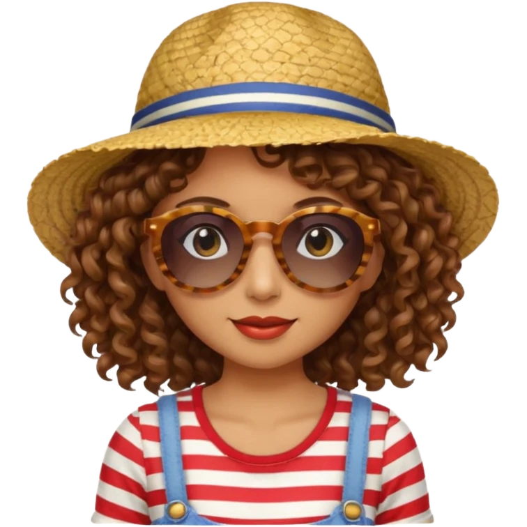 curly hair woman with striped clothing sun glasses and straw hat emoji