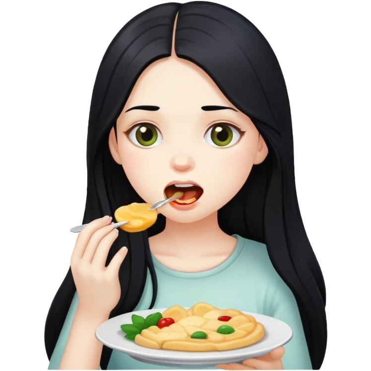 Pale girl with long black hair eating emoji