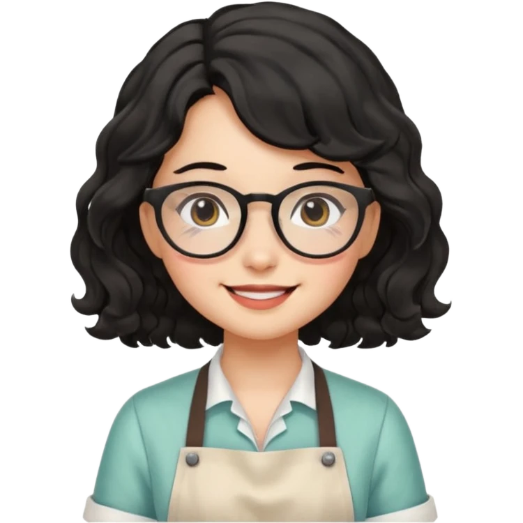 girl with apron, black wavy hair, wearing glasses, a little blush on her cheek emoji