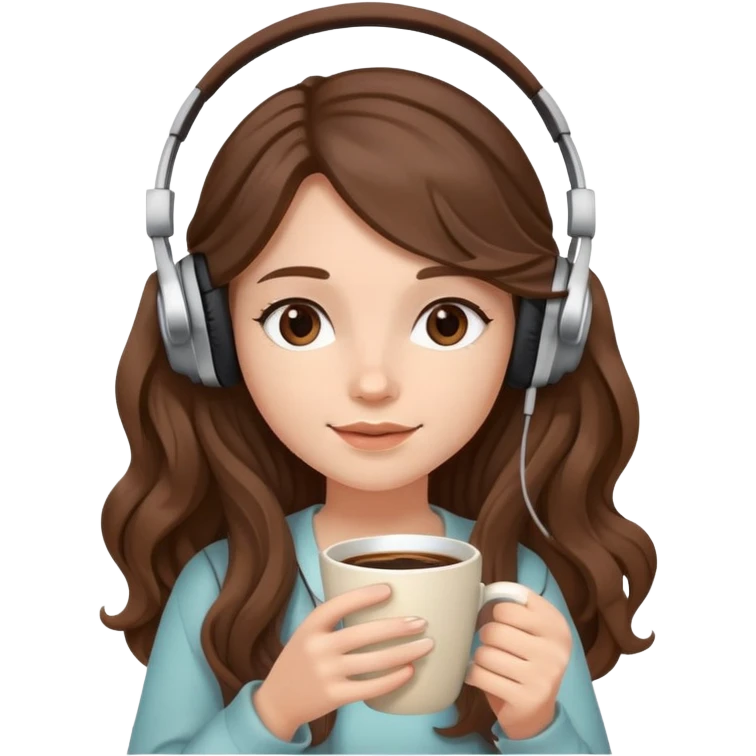 A girl with brown wavy long hair, wearing headphones on her head and holding coffee in her hand SHe has delicate facial features emoji