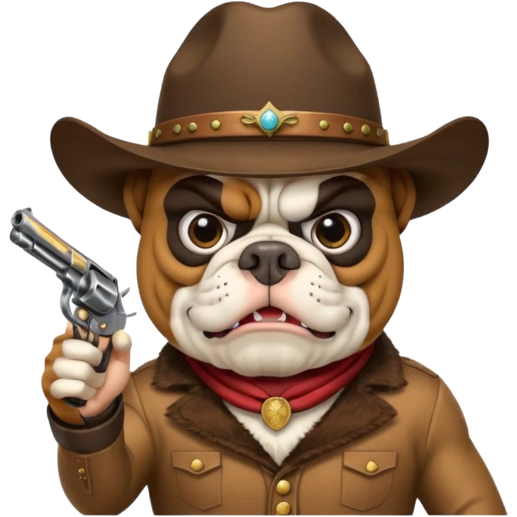A bulldog wearing a cowboy hat, wearing a mask, pointing a revolver at you and telling you to hand over your money. emoji