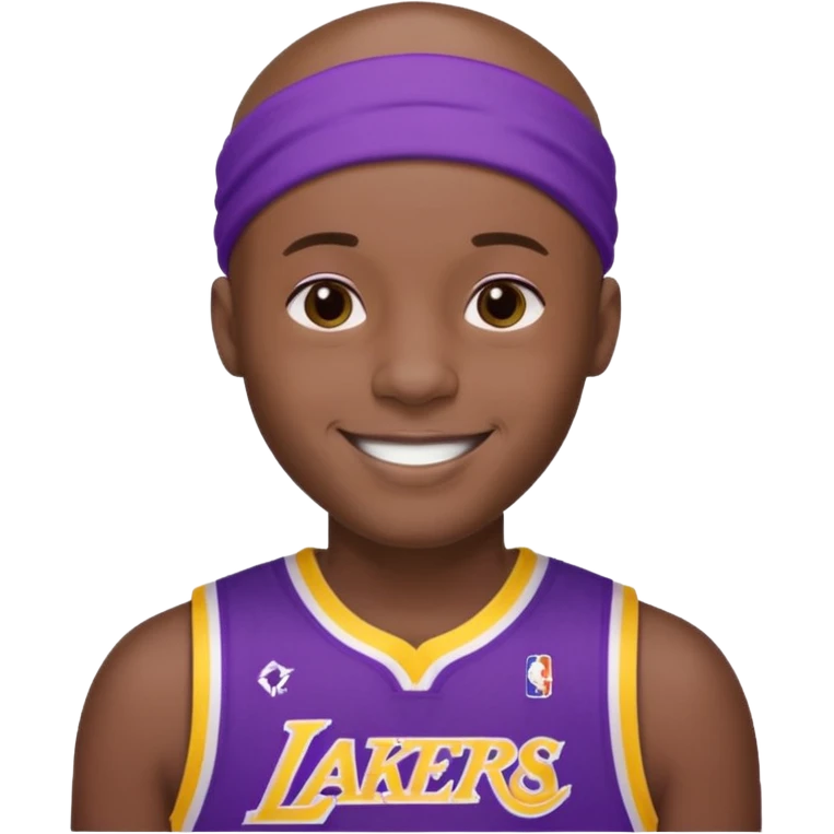 ["Black male, shaved head, wearing a purple Lakers jersey with headband."] emoji