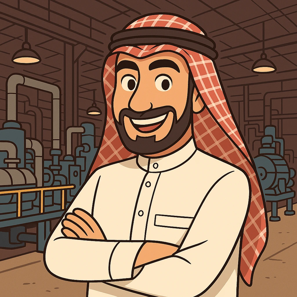 Make the Arabian factory owner more cartoonish while keeping traditional attire. Show a confident and friendly expression. Include an industrial background. Style suitable for branding, in a western adult animation cartoon style. emoji
