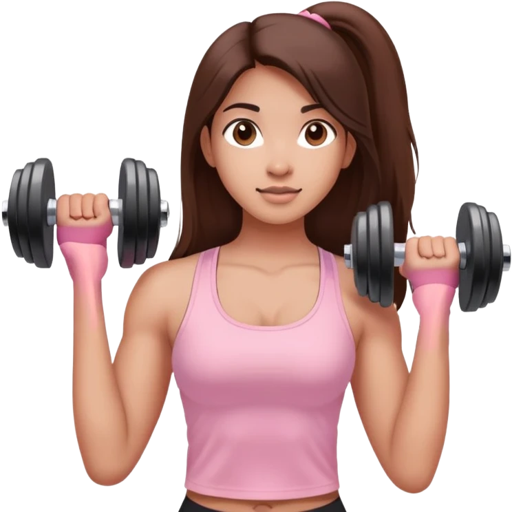 a north-east indian girl with long brown hair wearing a soft pink gym top lifting dumbbells  emoji