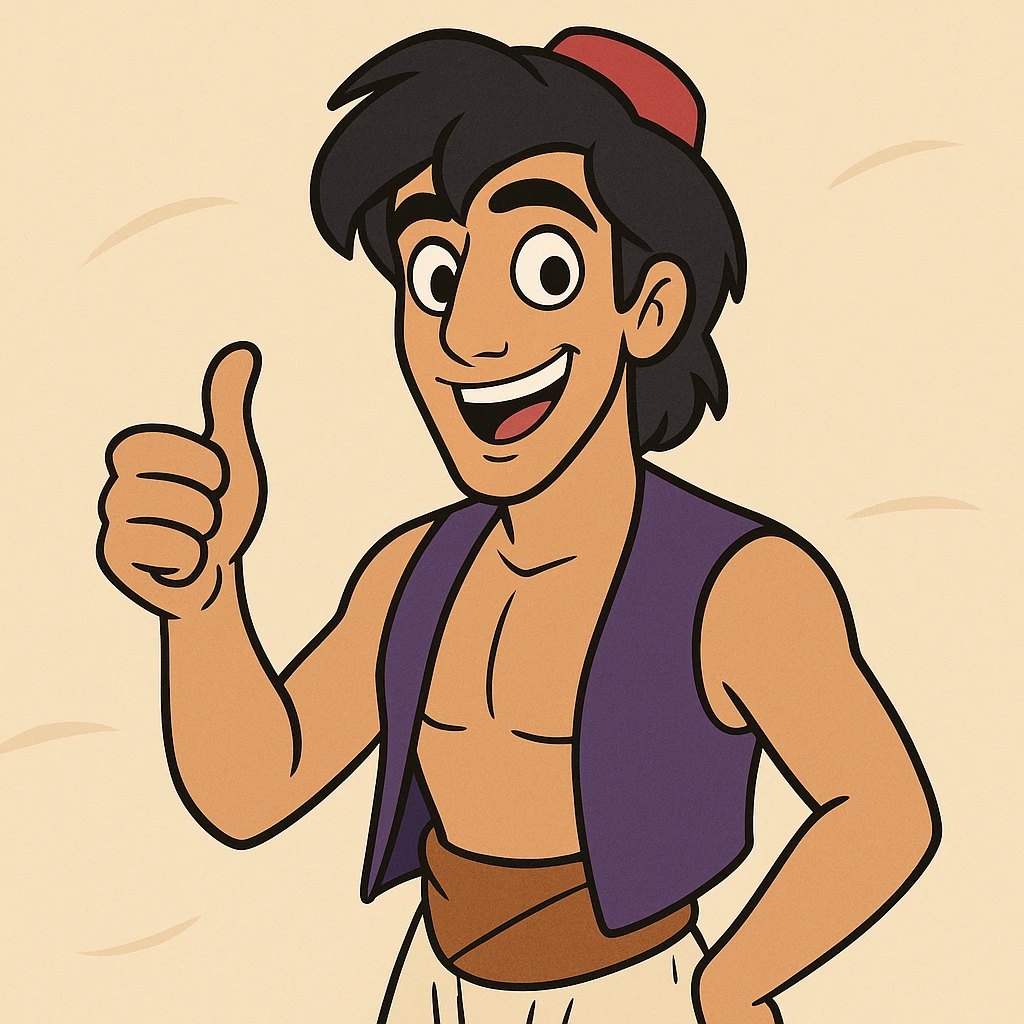 Aladdin giving a thumbs up, cartoon style, cheerful, simple background emoji
