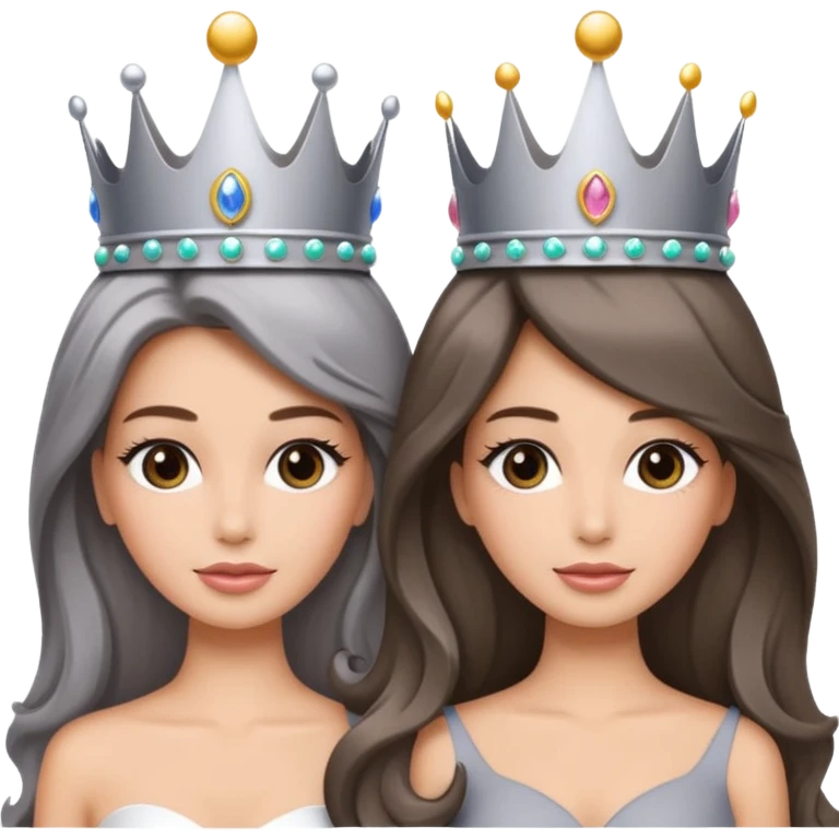 do not change anything, make in the middle of the screen two girls in a gray crown miss universe with long beautiful hair emoji ios 18 emoji