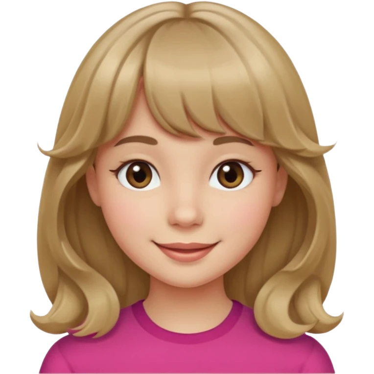 A girl with wavy, dark blonde hair, straight bangs, and straight eyes. She is smiling. emoji