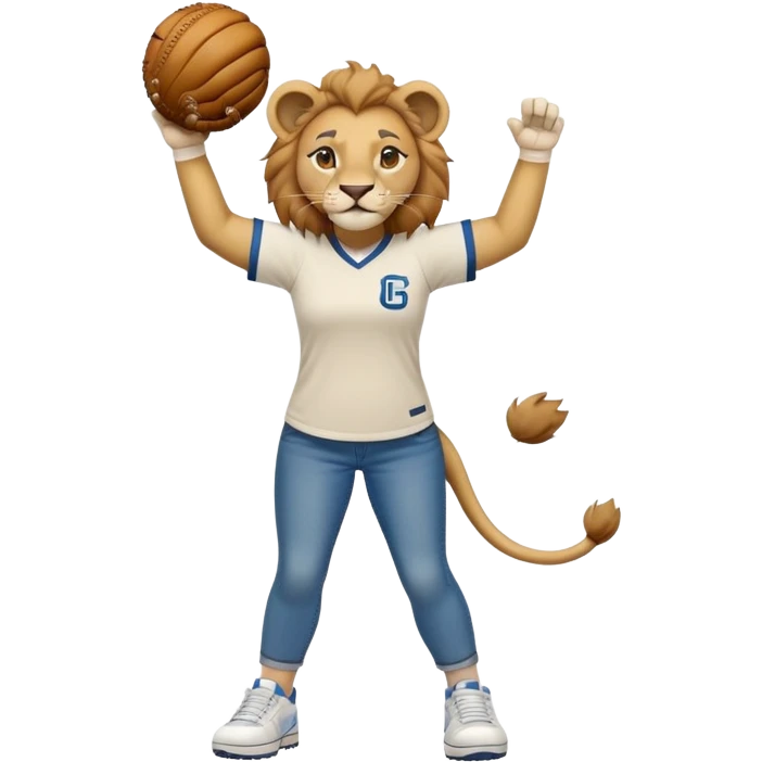 friendly anthropomorphised female lion wearing a baseball shirt, jeans, and trainers, lifting something up emoji