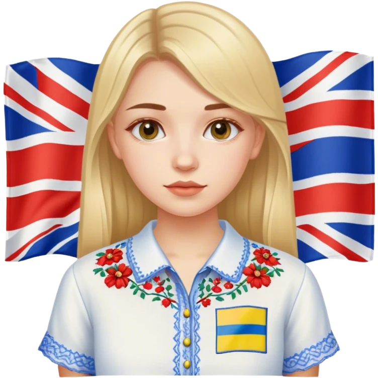 Ukrainian girl in an embroidered shirt against the background of the British flag emoji
