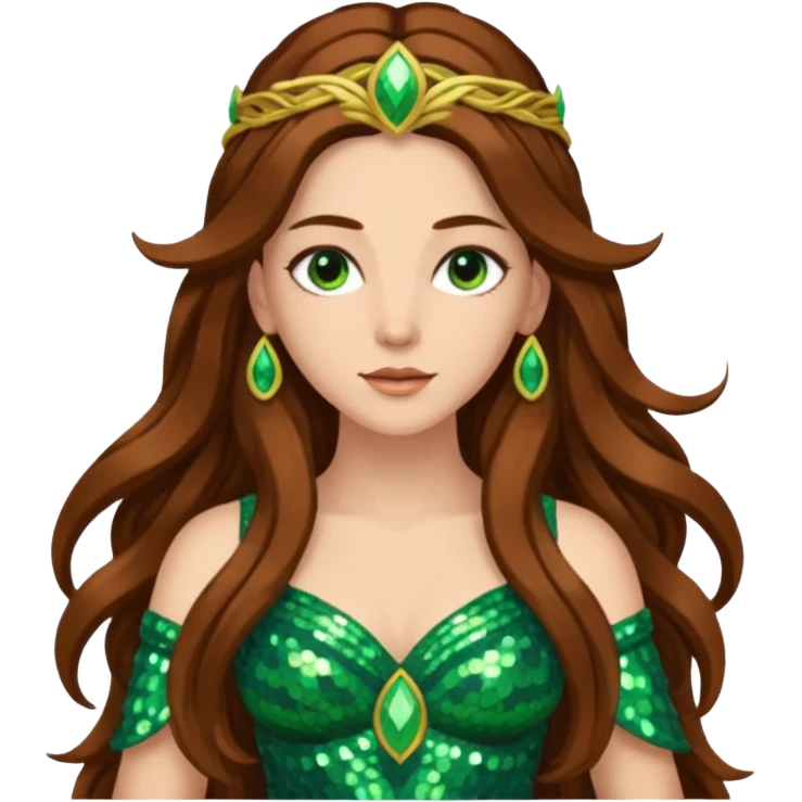 Terra, Goddess of Earth from Gods and Goddesses with long brown hair, green sequin outfit emoji