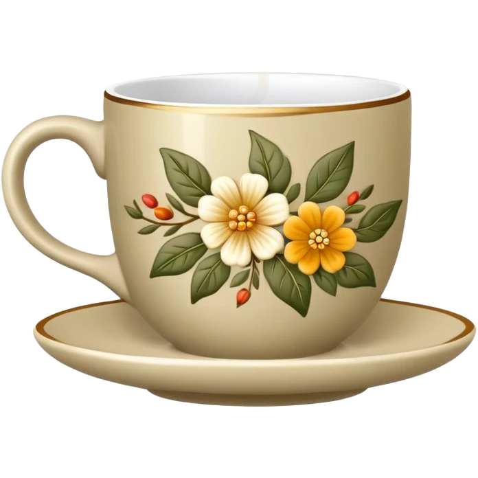 Cinematic Realistic Sophisticated Khaki Coffee Cup with Flower Ornament emoji