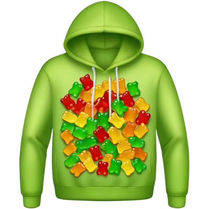 A hoodie sweatshirt where the hood is full of gummy bears emoji