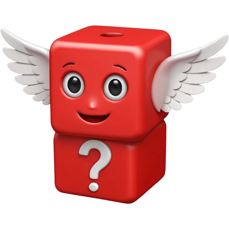 playful red cube figure with white accents, featuring large cartoonish eyes with question marks, a smiling mouth, and small wings attached to its sides emoji