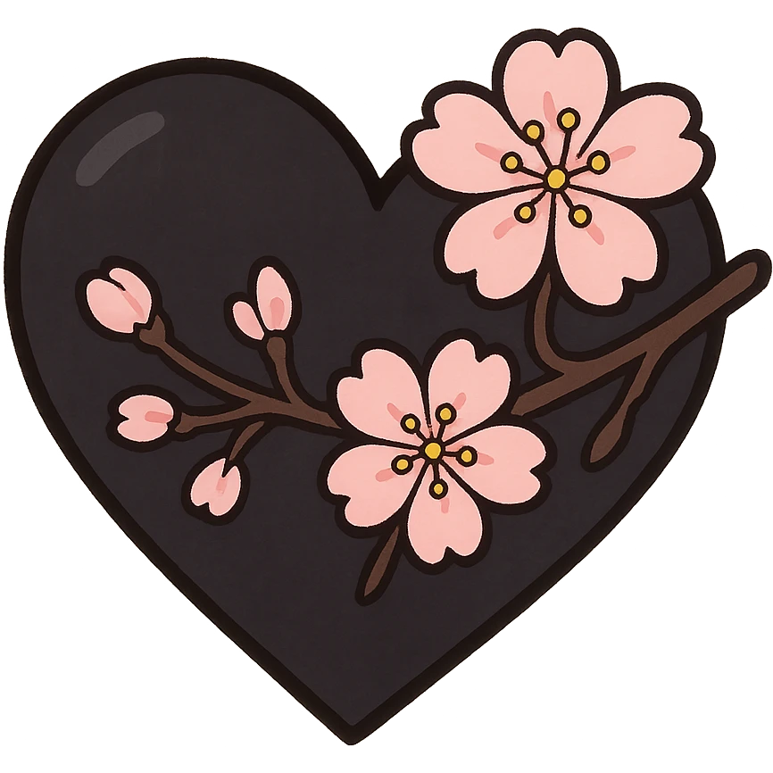 goth sakura heart, black heart with sakura branch and blossoms, pink highlights, playful and sweet emoji
