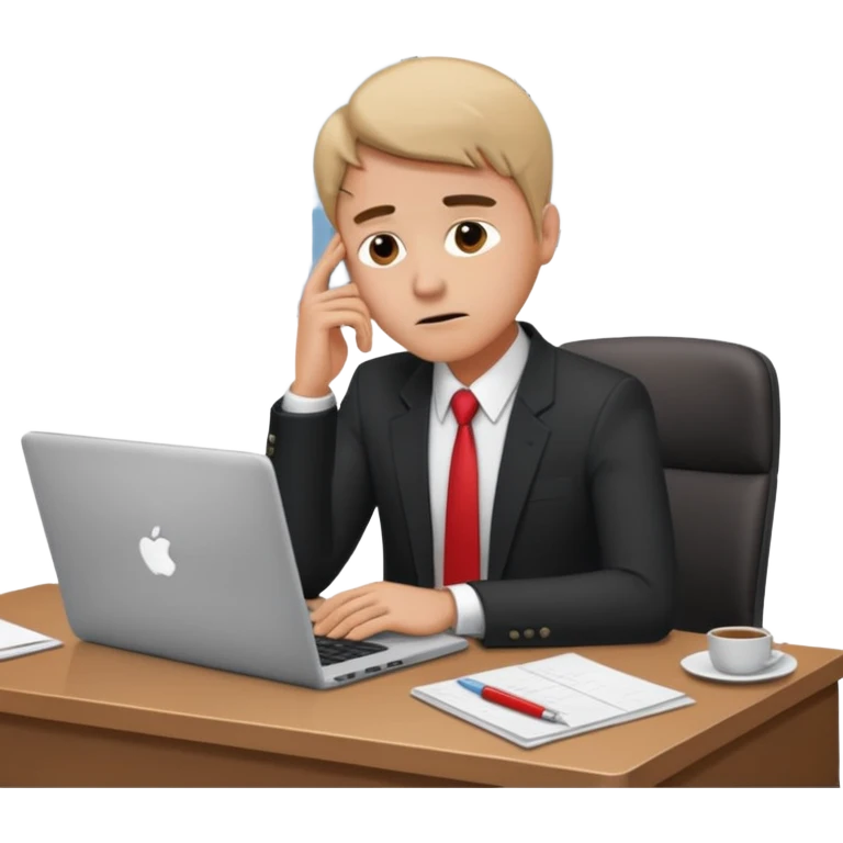 A man in corporate attire sitting at a desk, having fatigue while working on a laptop emoji