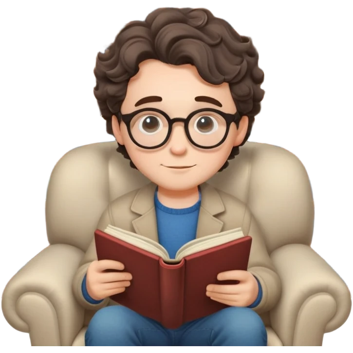 Charming intellectual boyfriend with round glasses, reading a book, sitting in a cozy armchair, bookshelf in the background, slight smirk, messy curl emoji