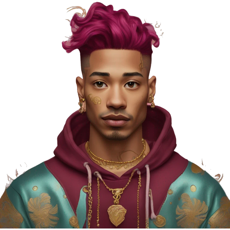 Vintage patina intricate swirls gold jewellery baroque golden raven tropical Deep pink maroon burgundy cyan dark hoodie man vitiligo dyed hair gold piercings nose piercing ear piercings emoji