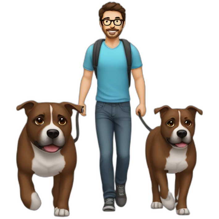 dark brown haired man with glasses and stubble walking a staffy emoji