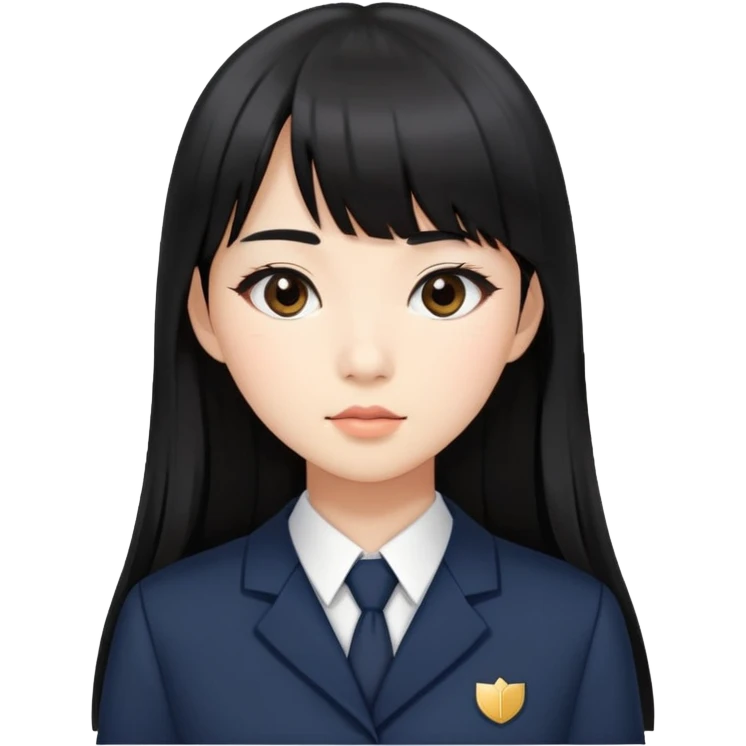 Asian woman in a chic school uniform, long black hair with straight bangs, and visible makeup emoji