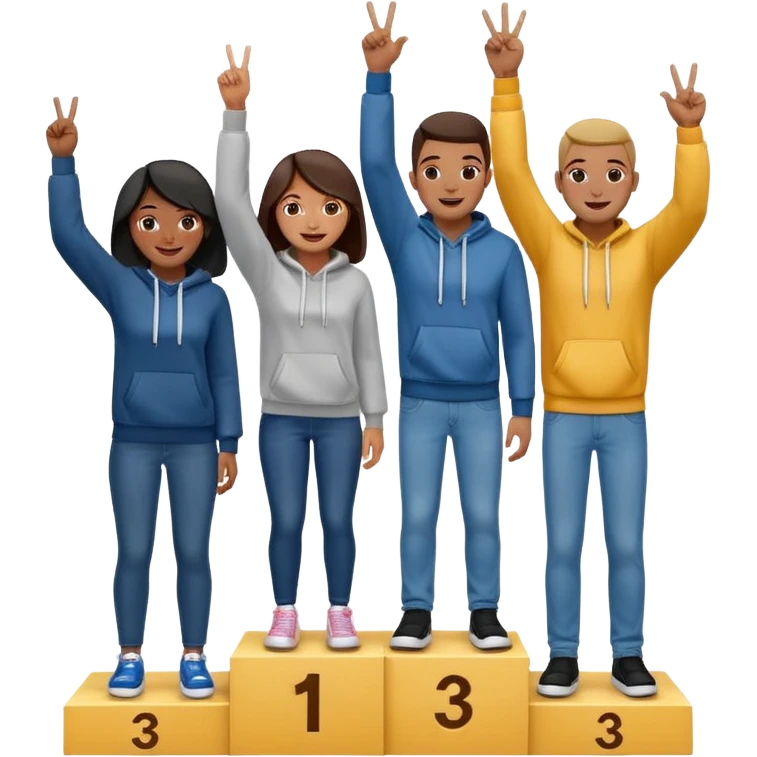 three multi-racial people in jeans and hoodies on a winners podium, center step higher, no numbers, center person holding up one finger on each hand, left person holding up two fingers on each hand, right person holding up three fingers on each hand, cheerful expressive emoji style emoji