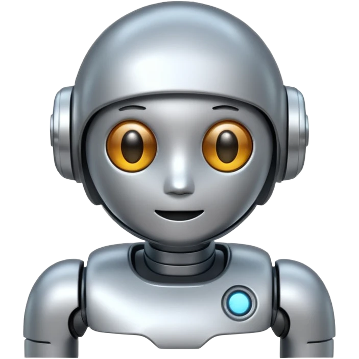 A cute futuristic robot emoji made of silver chrome, rounded friendly body, minimal facial features, glossy metallic surface, soft reflections, iOS emoji style, centered, clean white background emoji