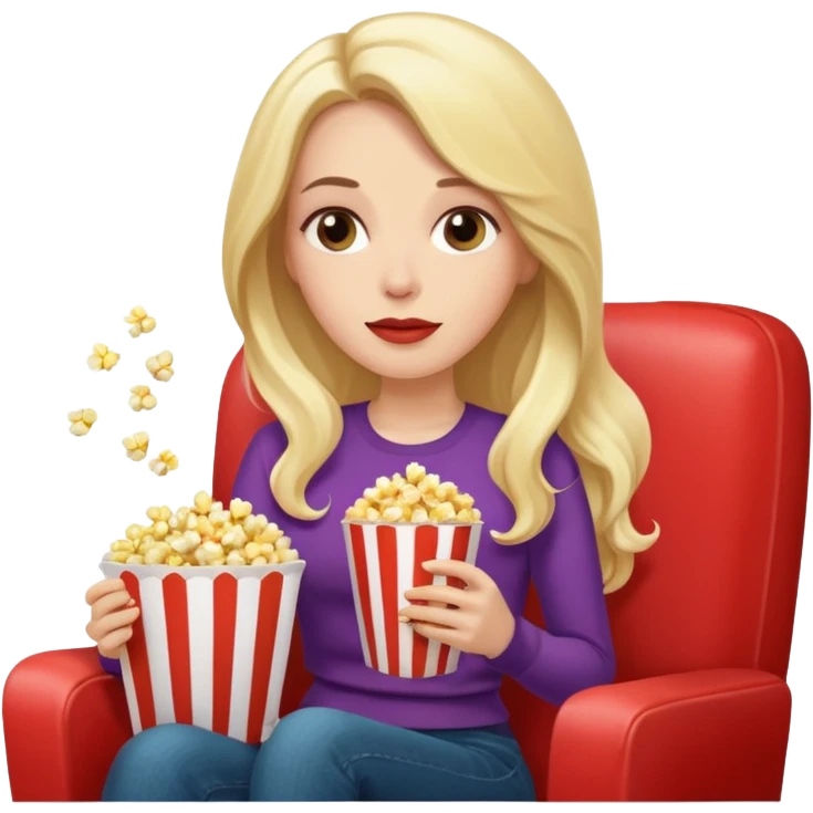 Stylish white woman with long watching tv with popcorn emoji
