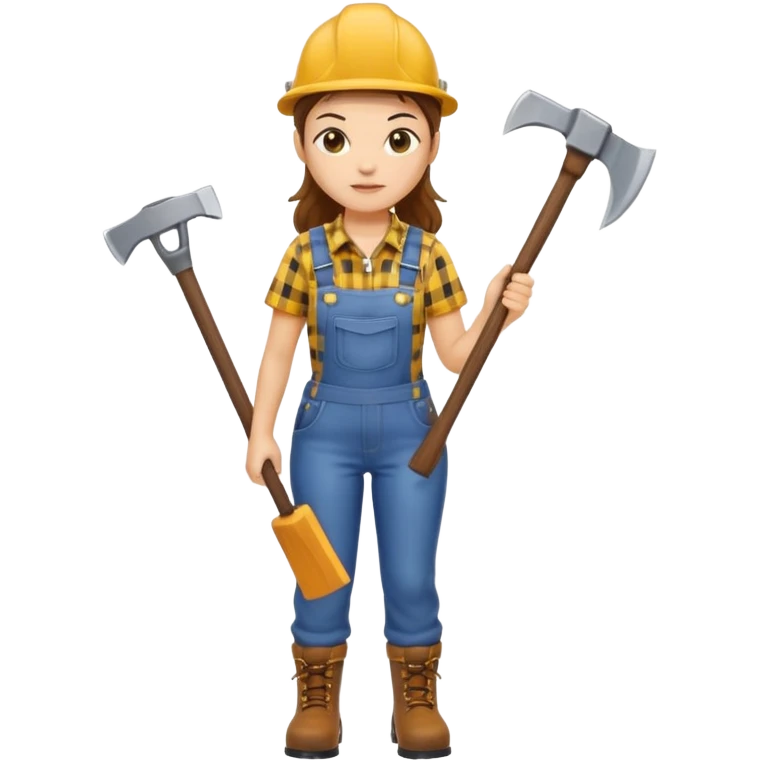 lumberjack woman holding axe yellow checked shirt and overall emoji