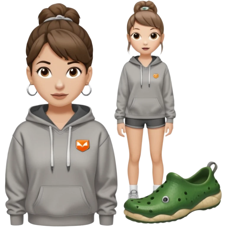 can you make a white girl with brown hair that is in a bun  and brown eyes and a normal white person nose and then she is wearing a grey hoodie mclaran formula 1 and wearing dirty white crocs with taylor swift gibits, 3 on each croc and she has 4 ear peiecings and hoop and stud and black shorts
 emoji