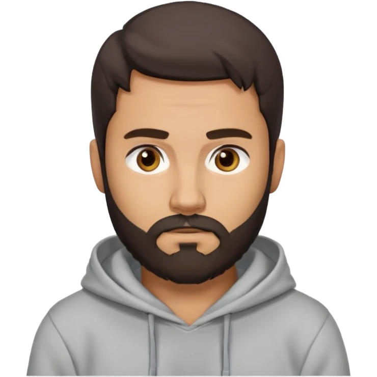 Uomo adulto con la barba capello moro occhi marroni metà busto e vestito con una felpa grigia e maglietta bianca emoji