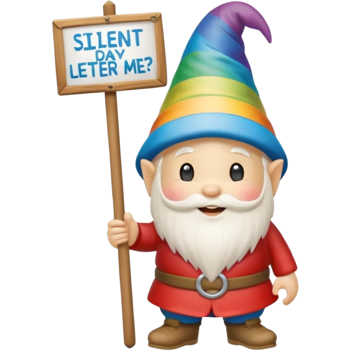 A zen rainbow gnome, holding a sign reading, "Silent Letter Day, who's with me?” emoji