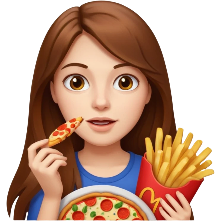 lean female with long hair holding fries and eating pizza emoji