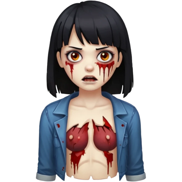 Um zumbi feminino, com cabelo preto e franja, machucados pelo rosto e torso emoji