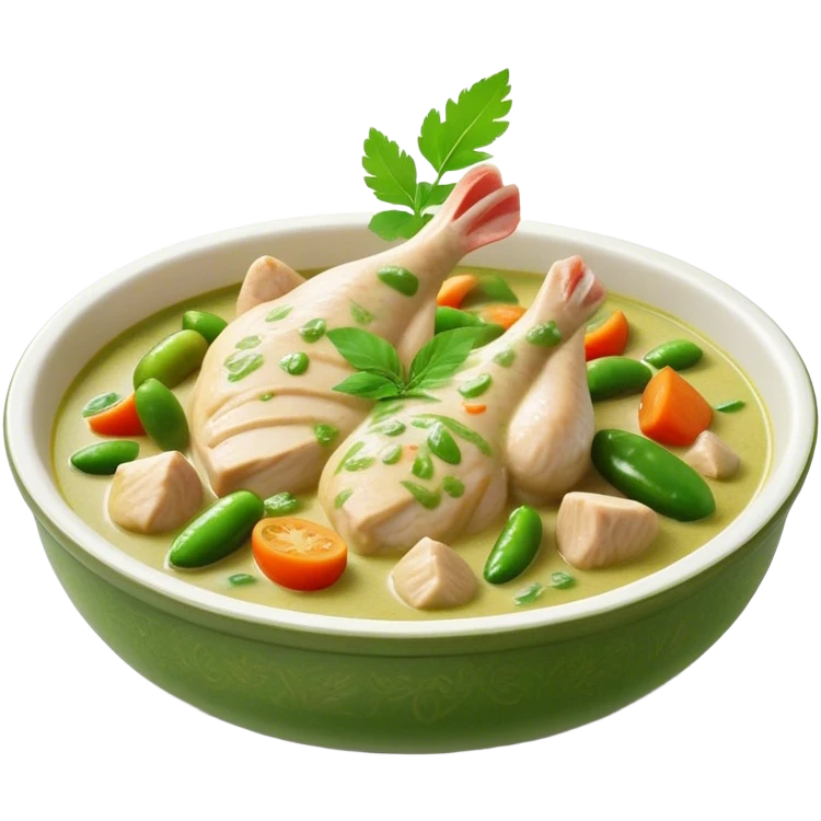 Cinematic Realistic Green Chicken Curry Dish Emoji, depicted with tender chicken simmered in a fragrant green curry sauce with vegetables rendered with rich textures and dynamic, vibrant lighting. emoji