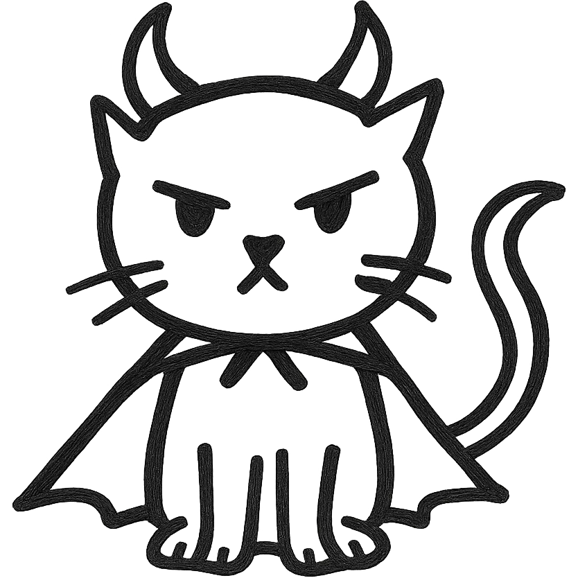 black cat with devil horns and a cape, hand drawn outline style emoji