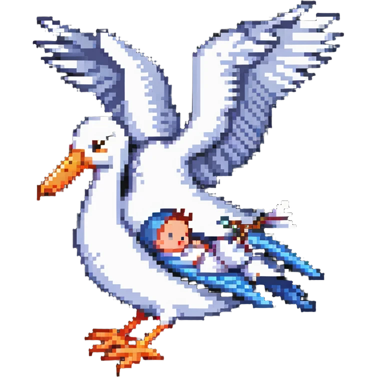 human baby in a bundle being carried by a flying stork in pixel art style emoji