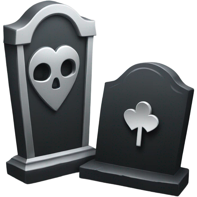 a black tombstone in silver RIP and a silver heart emoji