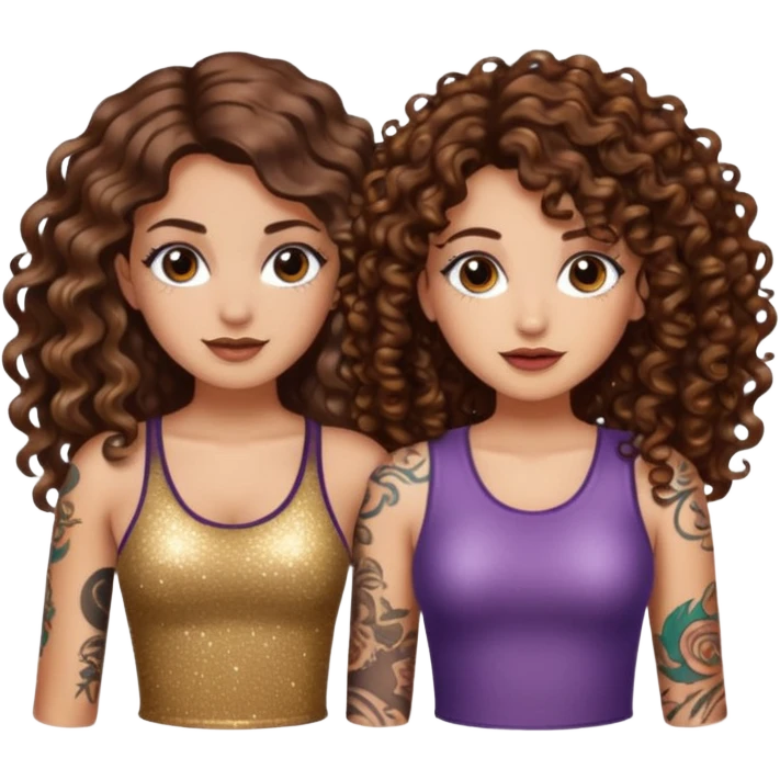 glitter blast — long wavy brown hair tattooed woman and short tight curly brown hair woman — sparkle covered emoji