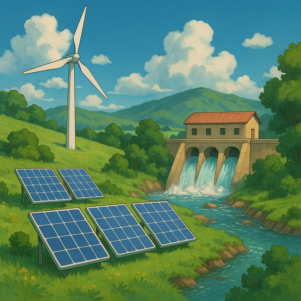 ghibli style renewable energy scene with wind, solar, and hydro power emoji