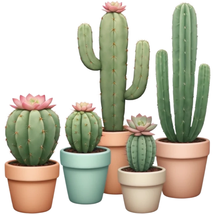 Ceramic pots in pastel colors, tall and short, round and square, containing desert cactus plants, hanging cacti, flowering cacti, echeveria succulents, and sedum succulents, placed in a row on the floor, white background emoji