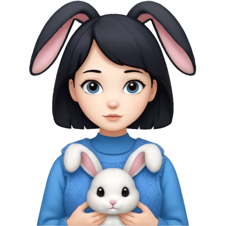 make a girl hair short black and wear bunny skin pale ok and wear Sweater vests blue and make little bit a younger emoji
