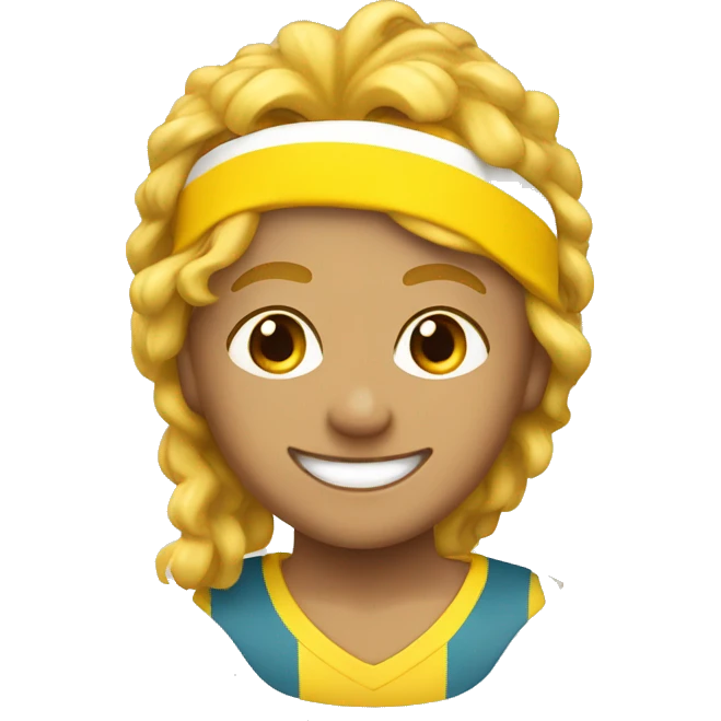 A happy yellow ball with a wavy mullet hairstyle with a sports headband emoji
