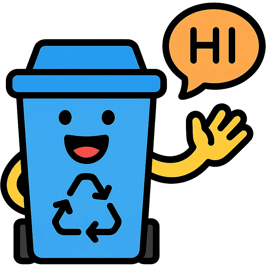 blue recycling bin with a big smile, saying 'hi' in a speech bubble emoji