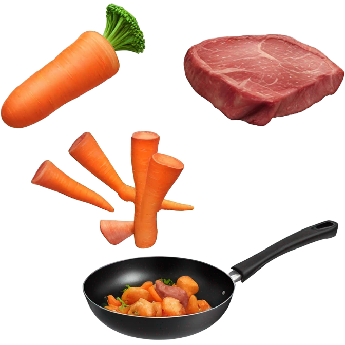 mushroom, carrots steak pieces   in pan in air, tossed in the air  emoji