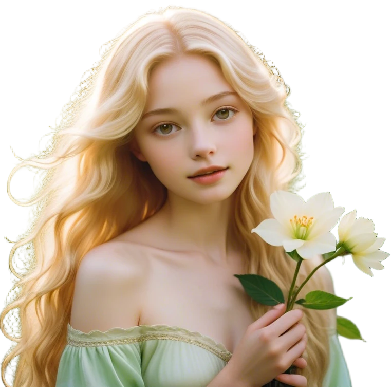 Cinematic Realistic Rapunzel Portrait, with porcelain-like skin featuring a subtle, natural glow, illuminated by soft lighting that brings out the gentle contours of her face. Her long, golden blonde hair cascades in detailed waves, each strand highlighted with a radiant shimmer as it catches the light. She playfully holds a flower in one hand, her other hand resting casually in her lap, with a warm and spirited expression. Her bright, expressive green eyes exude curiosity and warmth, framed by delicate lashes and soft, arched brows. She is dressed in her classic lavender and pink gown, the fabric textured with delicate folds that flow naturally, catching the light with a soft, radiant glow. The portrait captures a luminous, enchanting aura, seamlessly blending realism with a whimsical, fairytale charm, evoking a timeless sense of beauty and magic. emoji